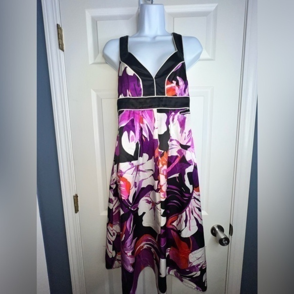 Vtg Banana Republic Petites 8 Black Purple Floral 100% Silk Mini Dress 8P - Picture 2 of 15